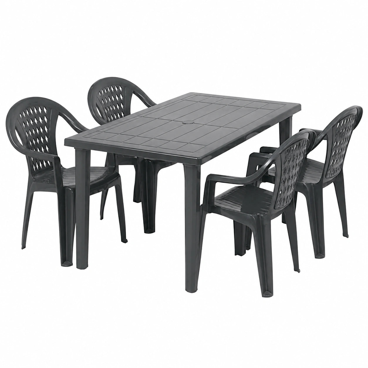 Tavolo e Sedie da Giardino in Plastica -set Marshall 4 o 6 Posti, Tavolo Rettangolare - Sedie Impilabili con Braccioli per Esterno in Polipropilene -