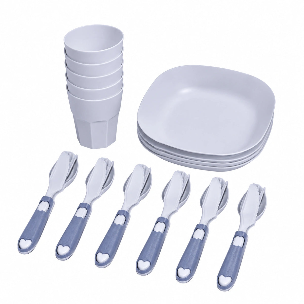 Terryshop74 set Picnic 30 Pezzi con Box Portatile, 6 Piatti Semipiani, 6 Bicchieri 230 ml, 6 Coltelli, 6 Forchette