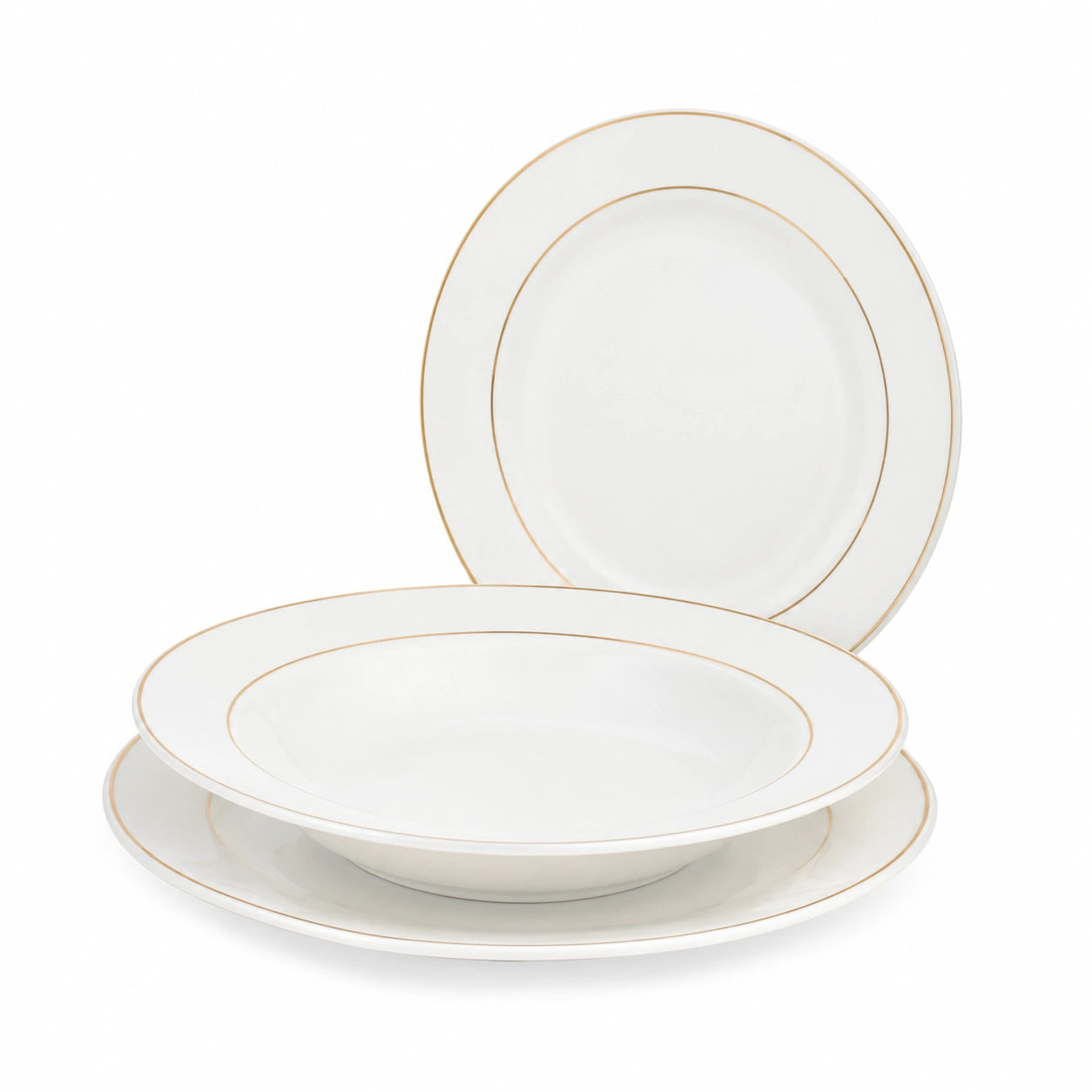 Casa Servizio Tavola Montpellier 18 Pezzi in Porcellana con Filo Oro, set Completo per 6 Persone, Piatti Piani, Fondi e da Frutta, Elegante