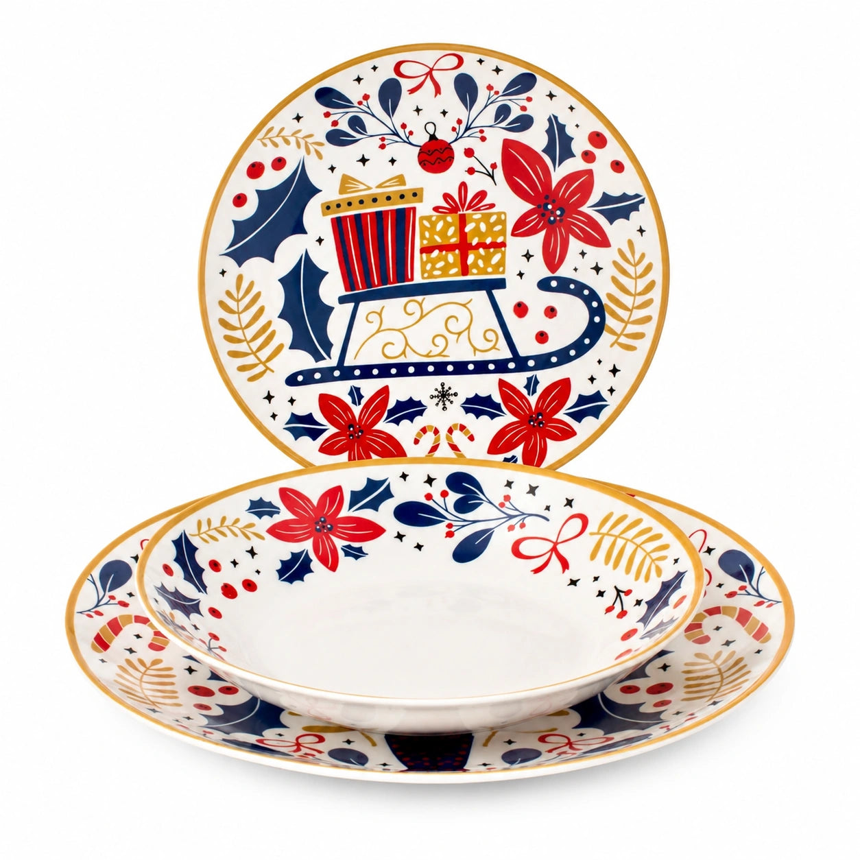 H&H, Servizio tavola 18 pezzi Jolly, set tavola completo, piatti natalizi, in new Bone China