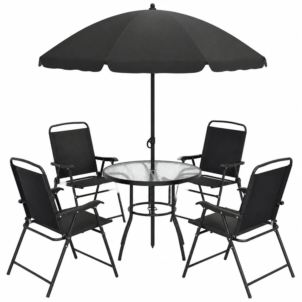 Set Mobili da Giardino 6 Pezzi, set da Pranzo con Tavolo con Piano in Vetro, 4 Sedie da Esterno Pieghevoli con Braccioli, set di Mobili da Esterno