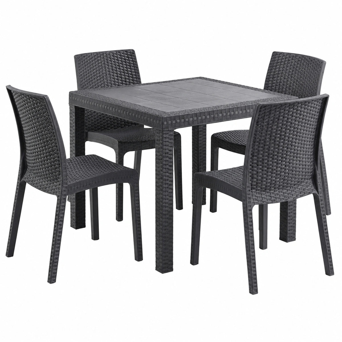 Tavolo e Sedie per Esterno in Plastica Effetto Rattan - set Elba 1 Tavolo Quadrato con 4 Sedie Impilabili da Giardino, Terrazzo, Balcone per Bar