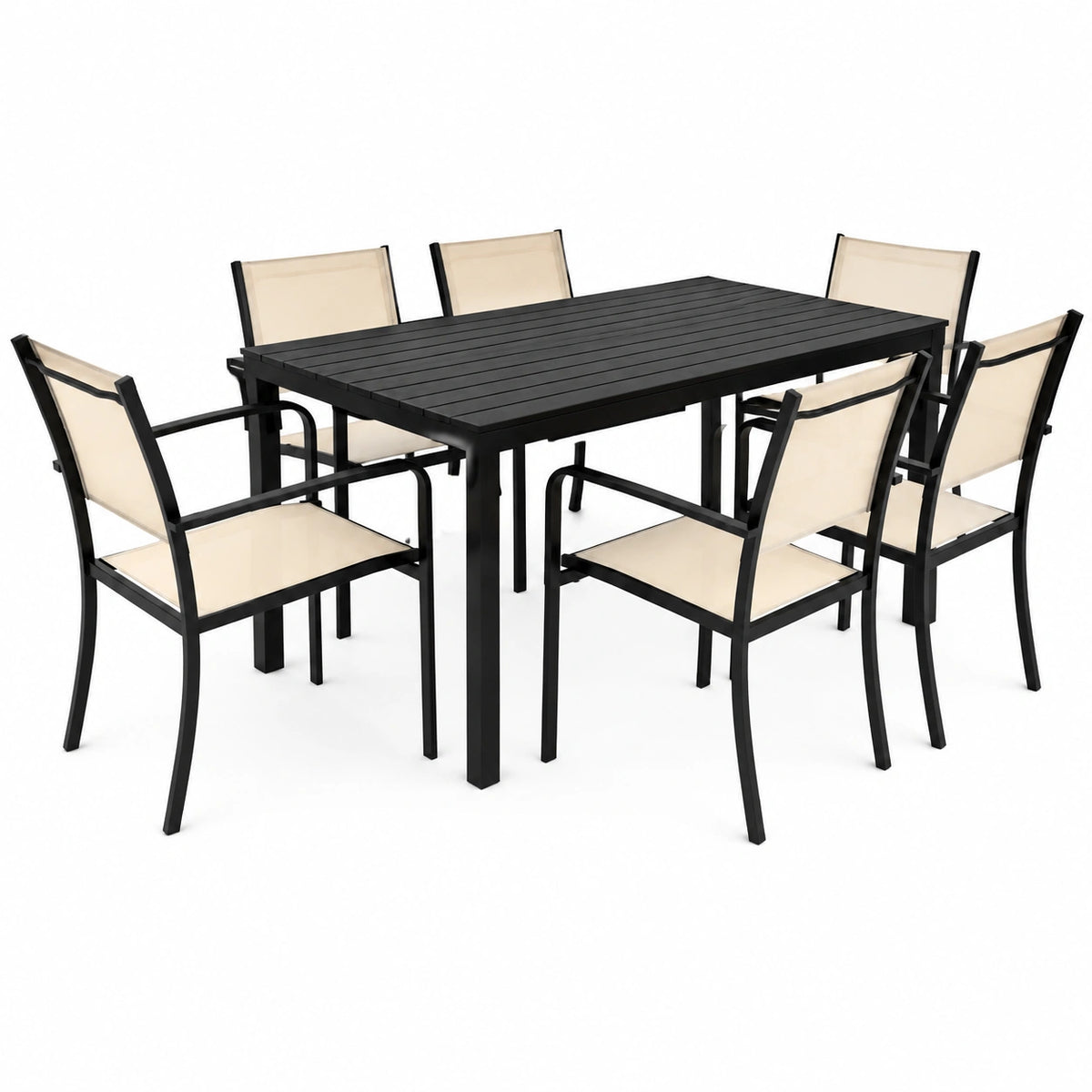 Tavolo 156 × 78 cm Effetto Legno e 6 Sedie Granada Impilabili Beige, Struttura in Metallo, Arredo Esterno, Interno Moderno per Patio, Terrazzo
