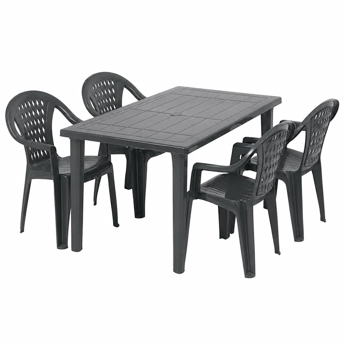 Tavolo e Sedie da Giardino in Plastica -set Marshall 4 o 6 Posti, Tavolo Rettangolare - Sedie Impilabili con Braccioli per Esterno in Polipropilene -