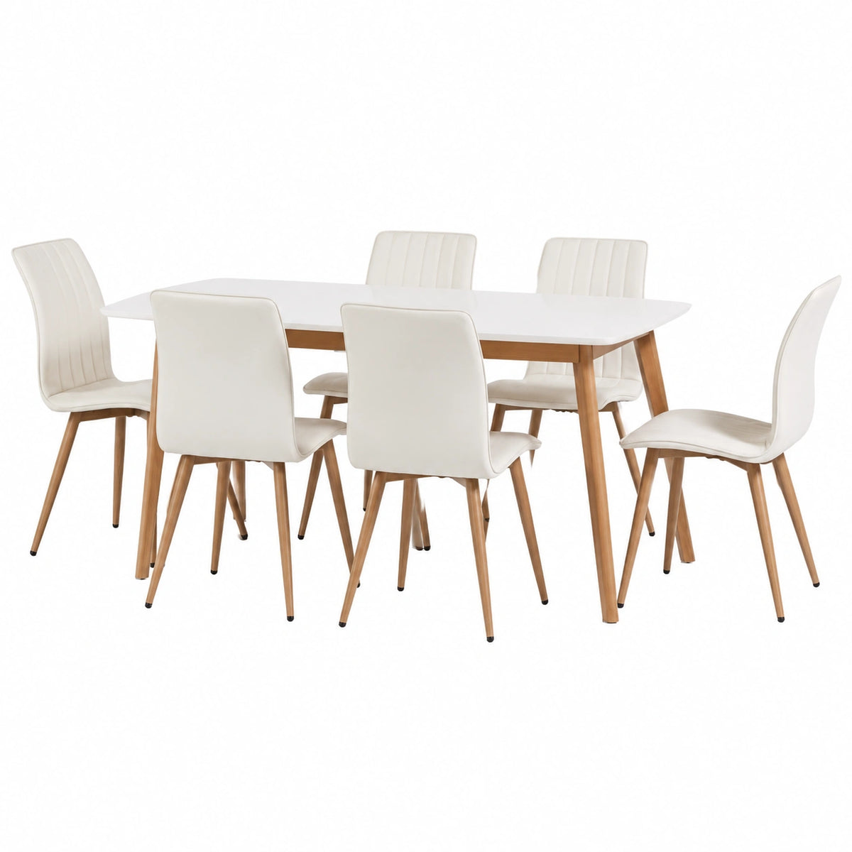 Tavolo da Pranzo rettangolare allungabile 140-180 × 80 cm con 6 Sedie imbottite bianche ecopelle, stile scandinavo con gambe effetto legno, tavolo