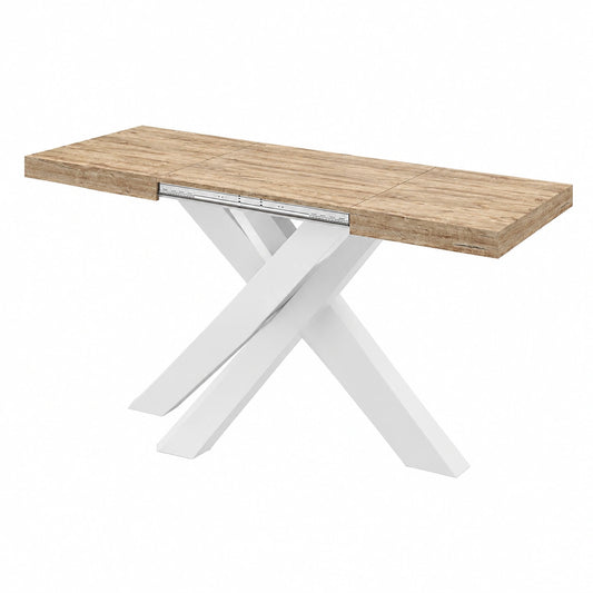 Tavolo Allungabile Emma 140(220) x90 cm, Quercia con Gambe Incrociate Bianche, per 6-10 persone, Tavolo Cucina, Soggiorno