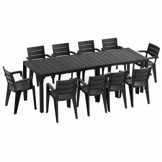 Tavolo da Giardino con Sedie - Tavolo da Esterno Allungabile con 10 Sedie in Plastica - set da Esterno per Giardino, Balcone, Veranda Nero
