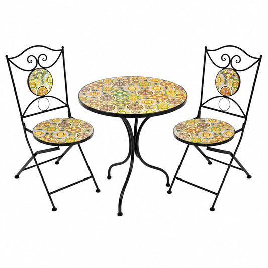 Tavolo e 2 Sedie Pieghevoli da Giardino in Metallo con Mosaico, set 3 Pezzi Tondo per Balcone Terrazzo Bistro (Giallo)