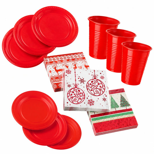 Set Tavola Natalizio - 50 Piatti Piani, 30 Fondi Rossi, 40 Tovaglioli Fantasia Natale, 50 Bicchieri - per Feste e Pranzi di Natale!