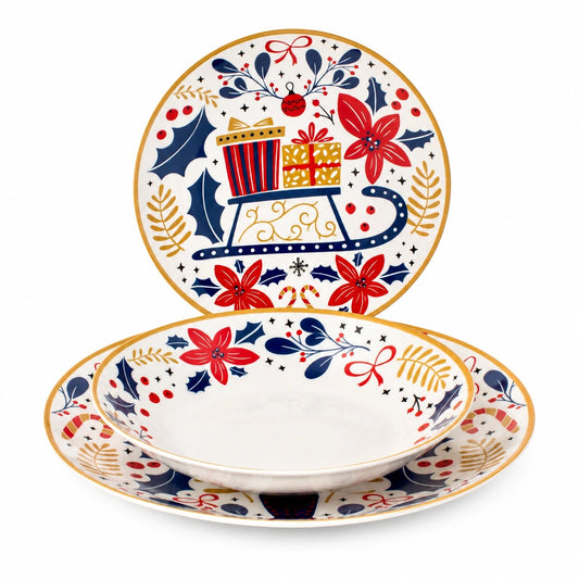 H&H, Servizio tavola 18 pezzi Jolly, set tavola completo, piatti natalizi, in new Bone China