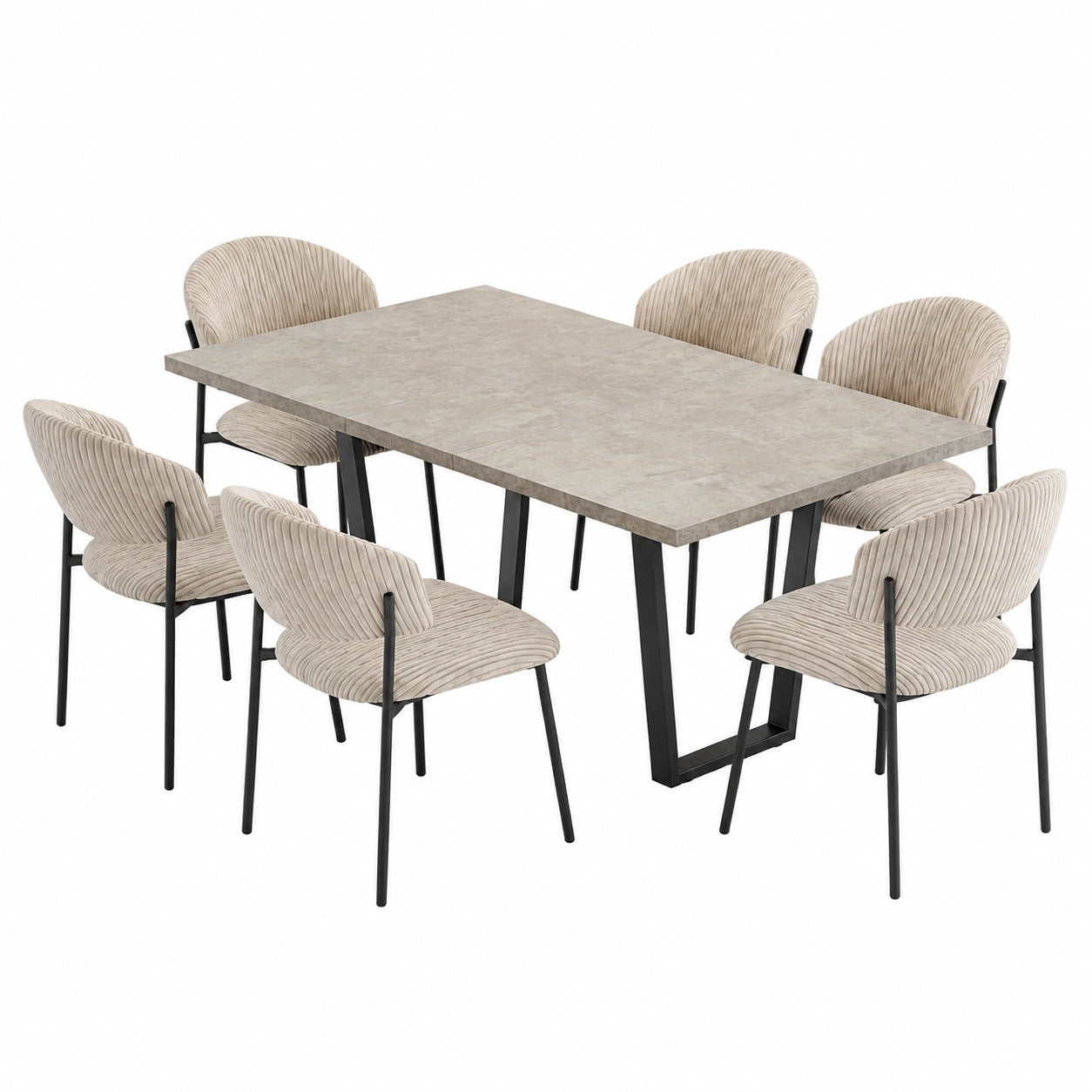 Set di 6 tavoli da pranzo allungabili, 130 × 170 cm, 6 sedie in velluto a coste, piano rettangolare in MDF e polvere di cemento, stile moderno