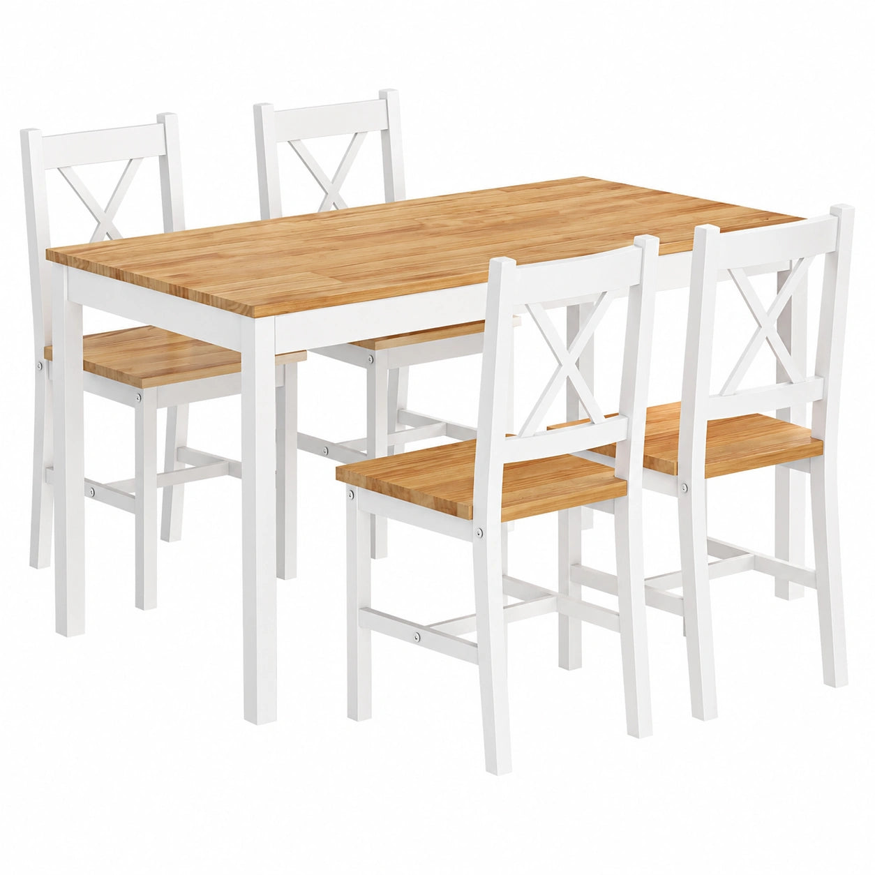 Tavolo da pranzo con 4 sedie, set di mobili da cucina in legno di pino teak, bianco