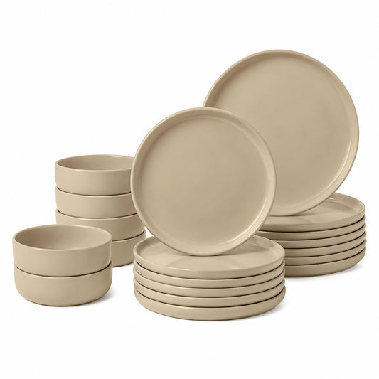Amazon Basics Servizio da Tavola in Gres Smaltato, set di 18 Pezzi, 6 Coperti Completi, Lavabile in Lavastoviglie, Grigio Lino