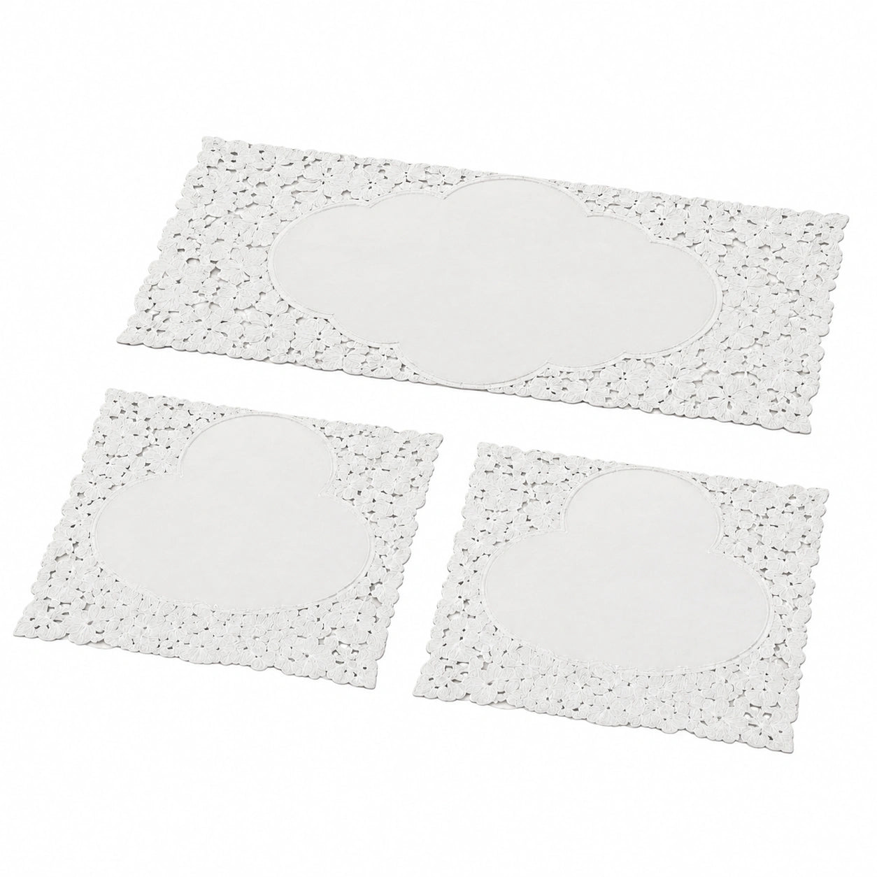 Corredocasa Tris Centrini Ricamati a Mano, Misto Poliestere set 1 Runner Tavola Rettangolare 40 × 90 cm e 2 Centri Tavola 30 × 40 cm Centrini Moderni