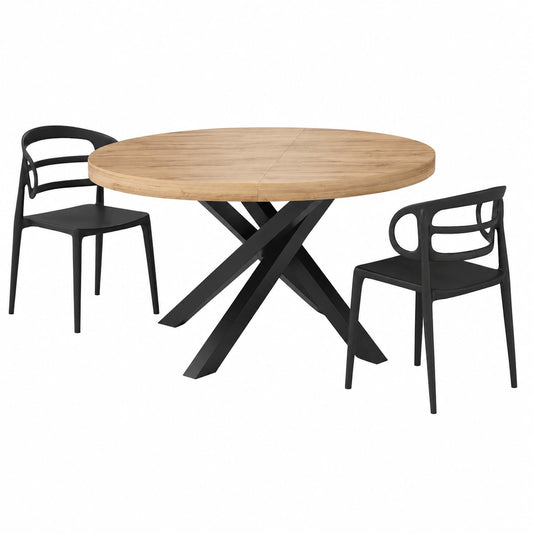 Tavolo Allungabile Rotondo Emma, 120-160 cm, Rovere Rustico con gambe Incrociate Nere, per 4-6 persone, Tavolo Cucina