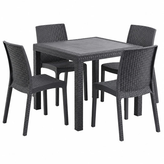 Tavolo e Sedie per Esterno in Plastica Effetto Rattan - set Elba 1 Tavolo Quadrato con 4 Sedie Impilabili da Giardino, Terrazzo, Balcone per Bar