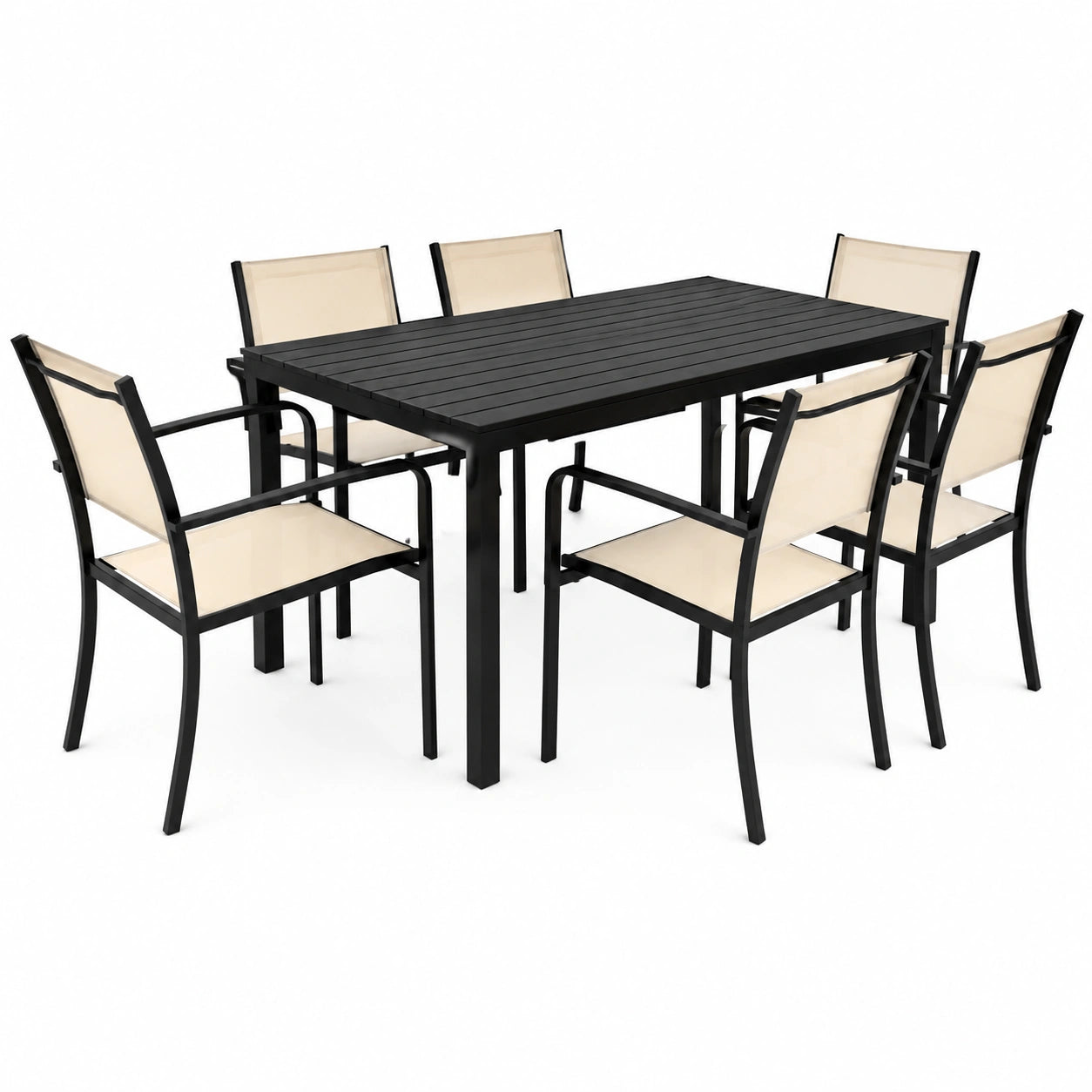 Tavolo 156 × 78 cm Effetto Legno e 6 Sedie Granada Impilabili Beige, Struttura in Metallo, Arredo Esterno, Interno Moderno per Patio, Terrazzo