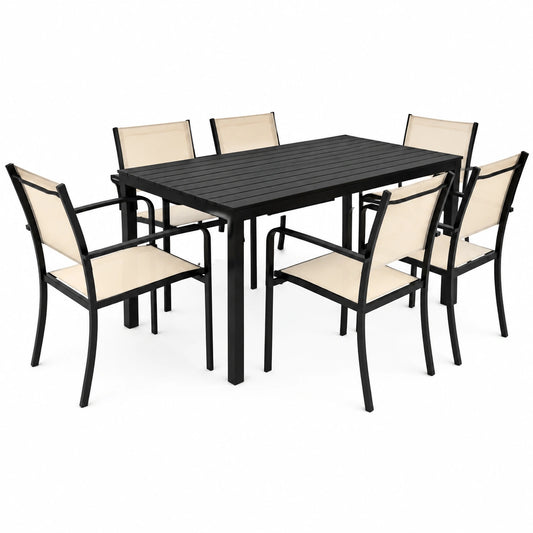 Tavolo 156 × 78 cm Effetto Legno e 6 Sedie Granada Impilabili Beige, Struttura in Metallo, Arredo Esterno, Interno Moderno per Patio, Terrazzo