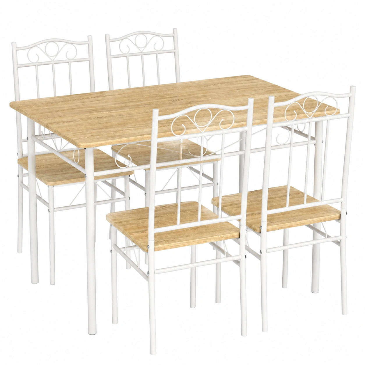 Tavolo da Pranzo con 4 Sedie, Faggeto & Bianco cucina set, 109 × 69cm, set da pranzo 5 pezzi effetto faggio con gambe in metallo bianco, ideale